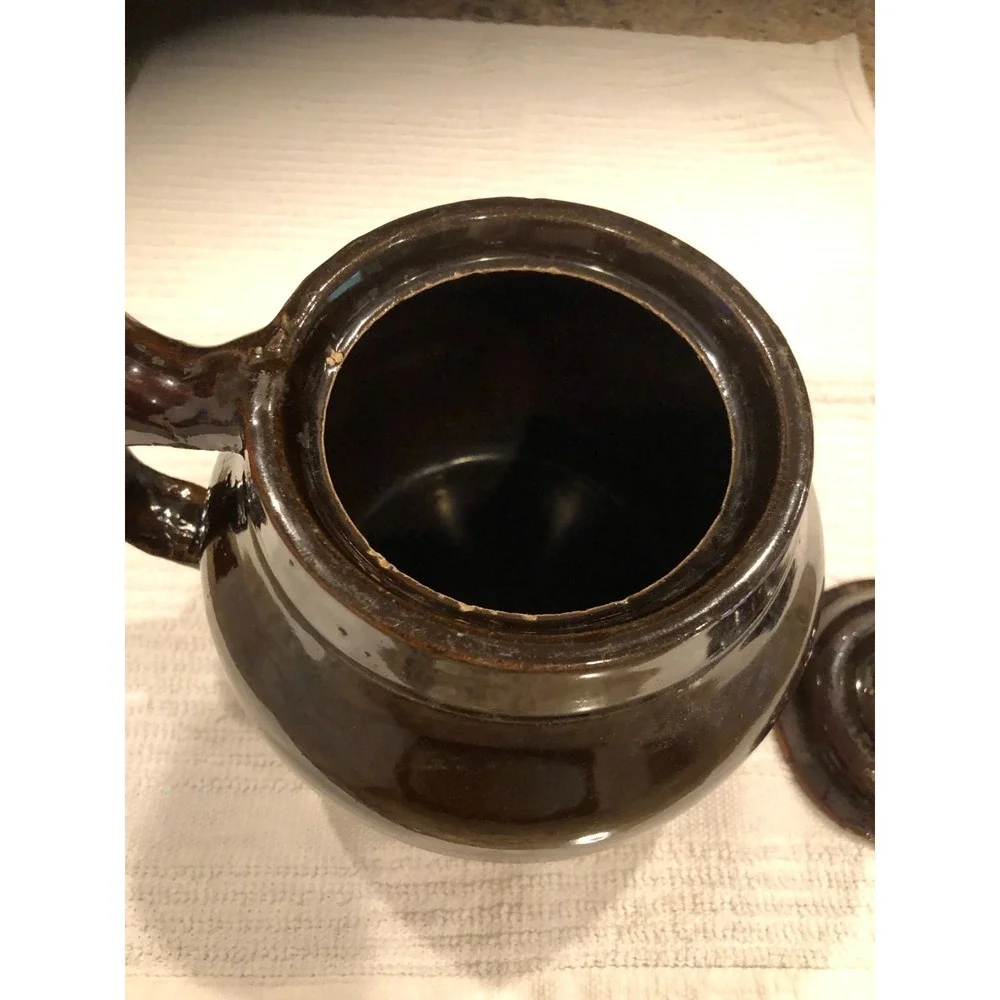 Antique Stoneware Bean Pot With Lid